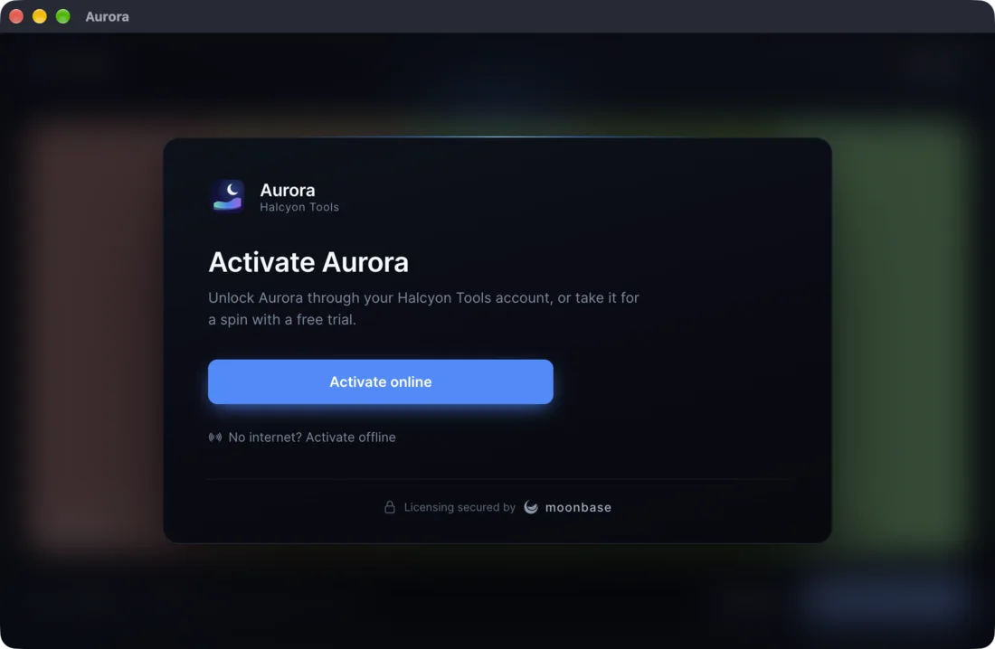 The Aurora example app locked: its content blurred and dimmed behind the activation panel