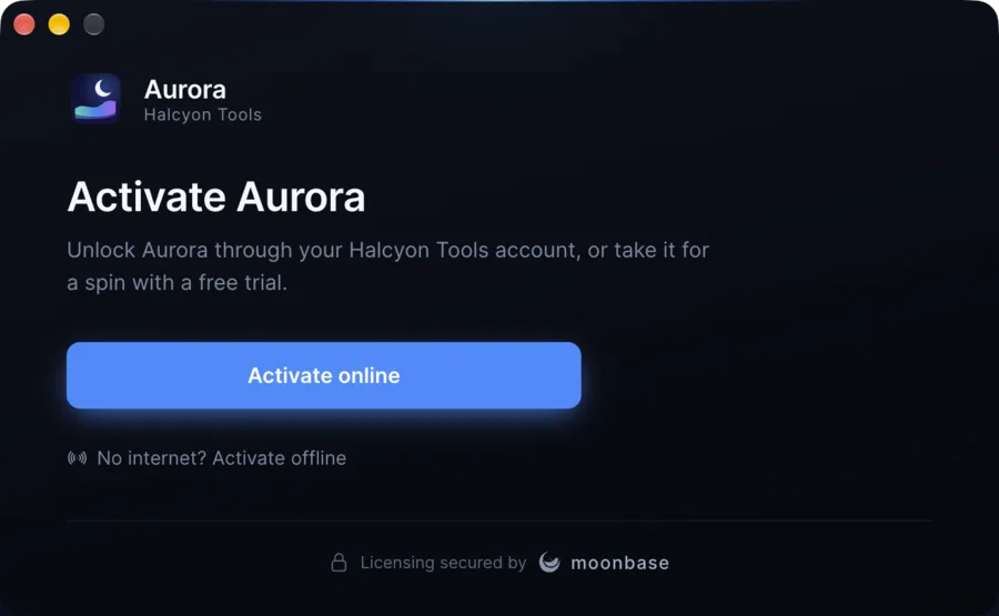 The activation window's welcome screen: the Aurora logo and "Halcyon Tools", an "Activate Aurora" heading, an "Activate online" button, and a "No internet? Activate offline" link