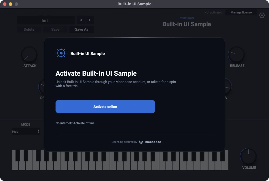 The activation overlay over a Gorilla Engine synth plugin: an "Activate Built-in UI Sample" heading, an "Activate online" button and a "No internet? Activate offline" link, with the plugin's knobs and keyboard dimmed behind it