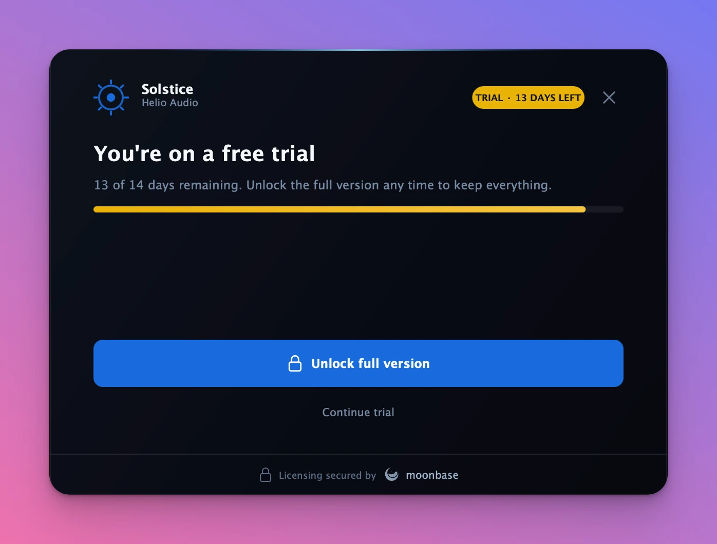 The trial screen: a free-trial panel with days remaining, a progress bar, and an "Unlock full version" button