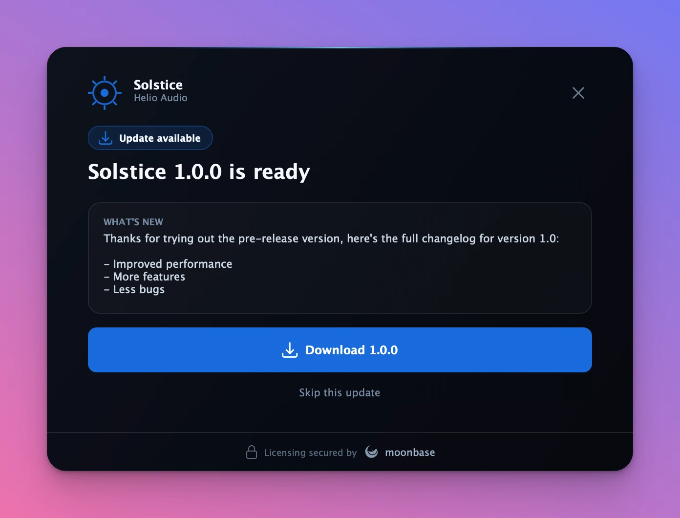 The update available screen: an "Update available" pill, a "Solstice 1.0.0 is ready" heading, a "What's new" changelog card, a Download button, and a "Skip this update" link