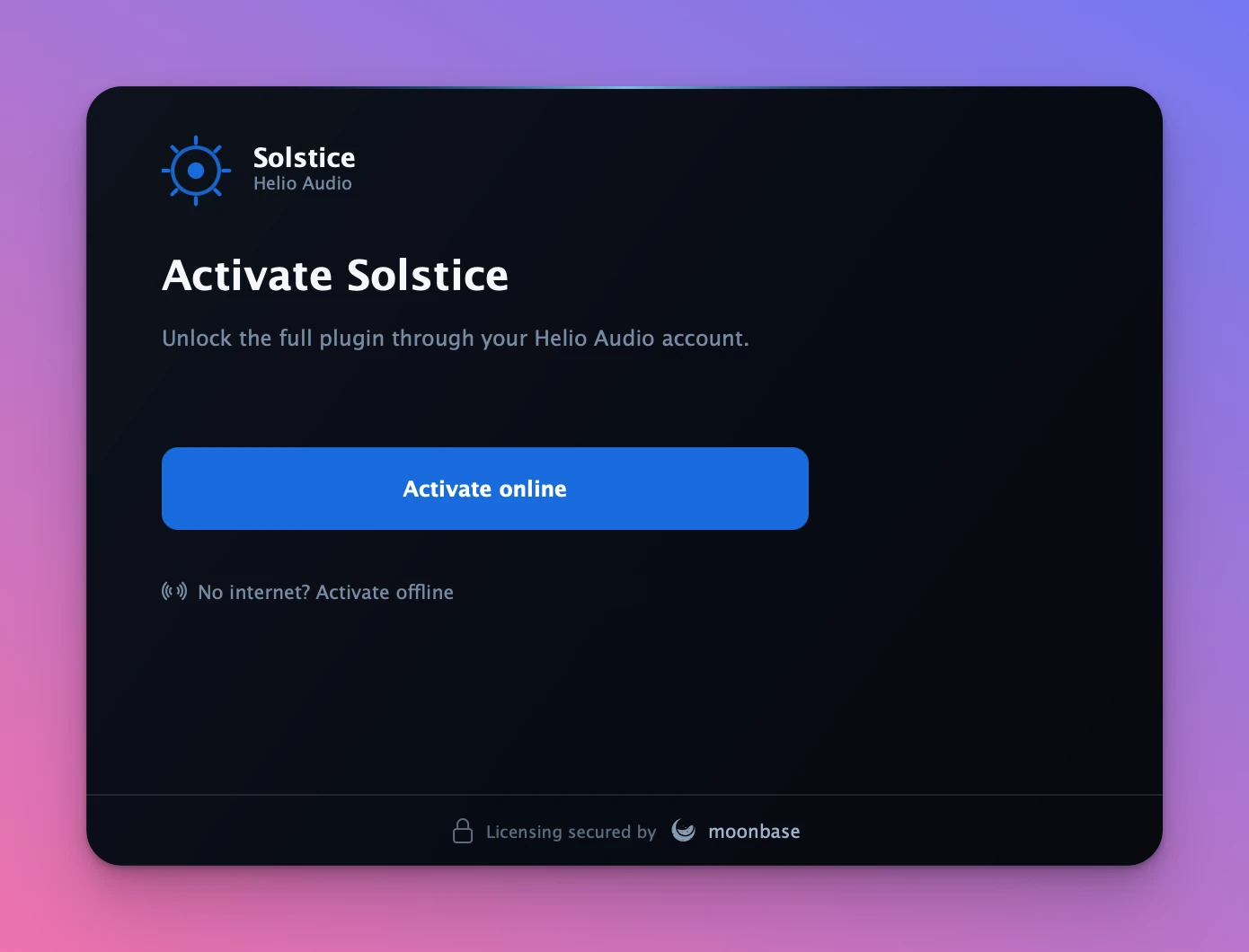 The welcome screen: a product name and logo, an "Activate Solstice" heading, an "Activate online" button, and a "No internet? Activate offline" link