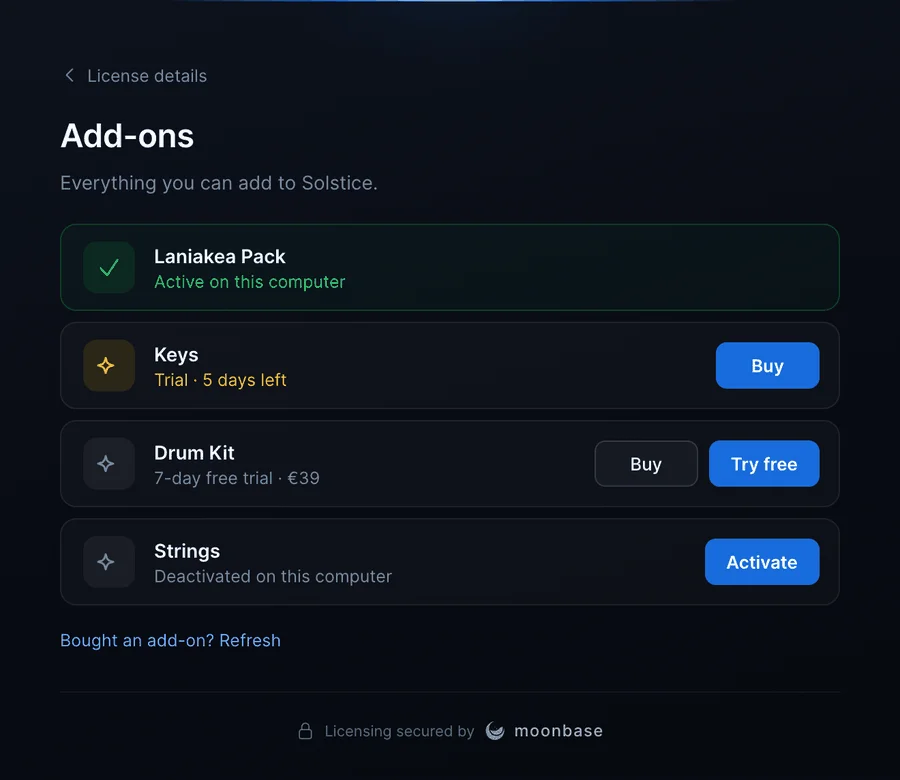 The add-ons screen: one add-on active on this computer, one in its trial with a Buy button, one offering a free trial and a price, and one with an Activate button