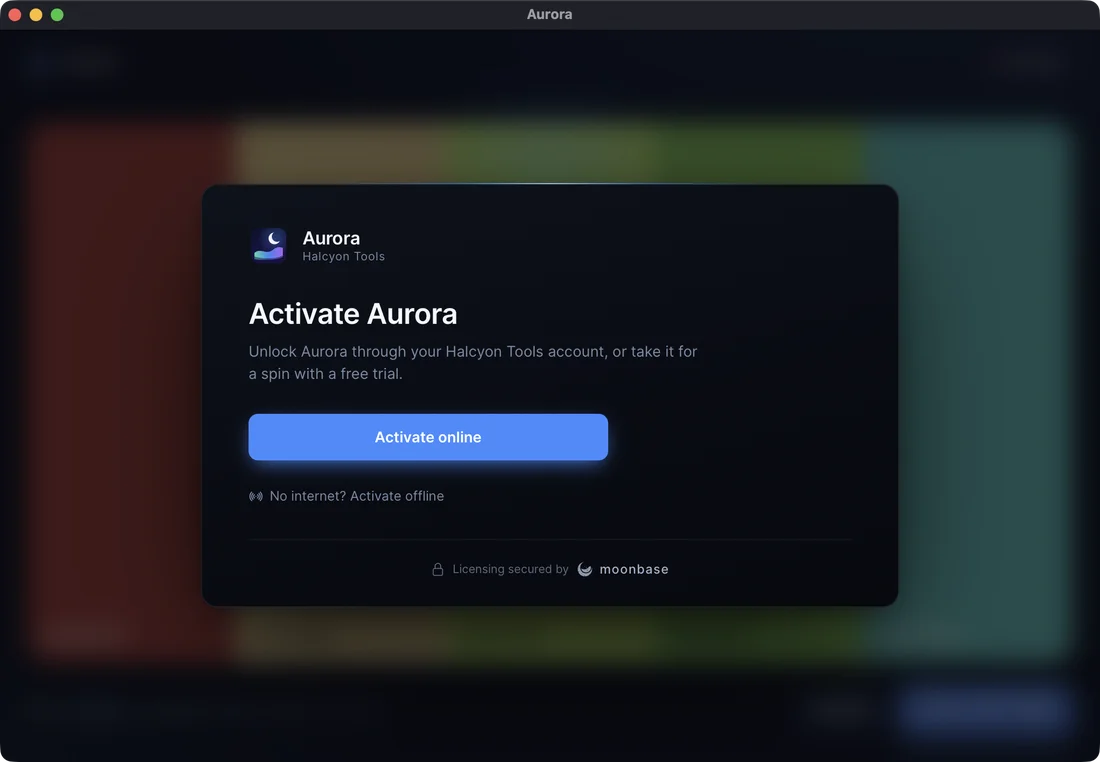The Aurora example app locked: its content blurred and dimmed behind the activation panel