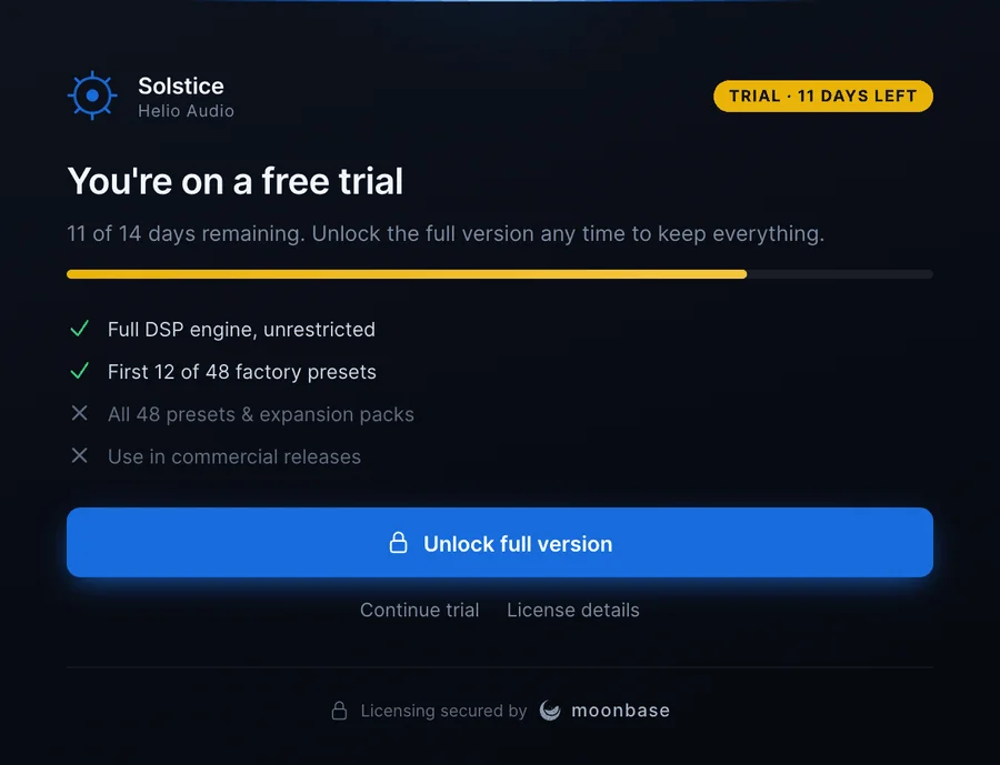The trial screen: a "Trial, 11 days left" pill, a progress bar, an included and excluded feature list, and an "Unlock full version" button