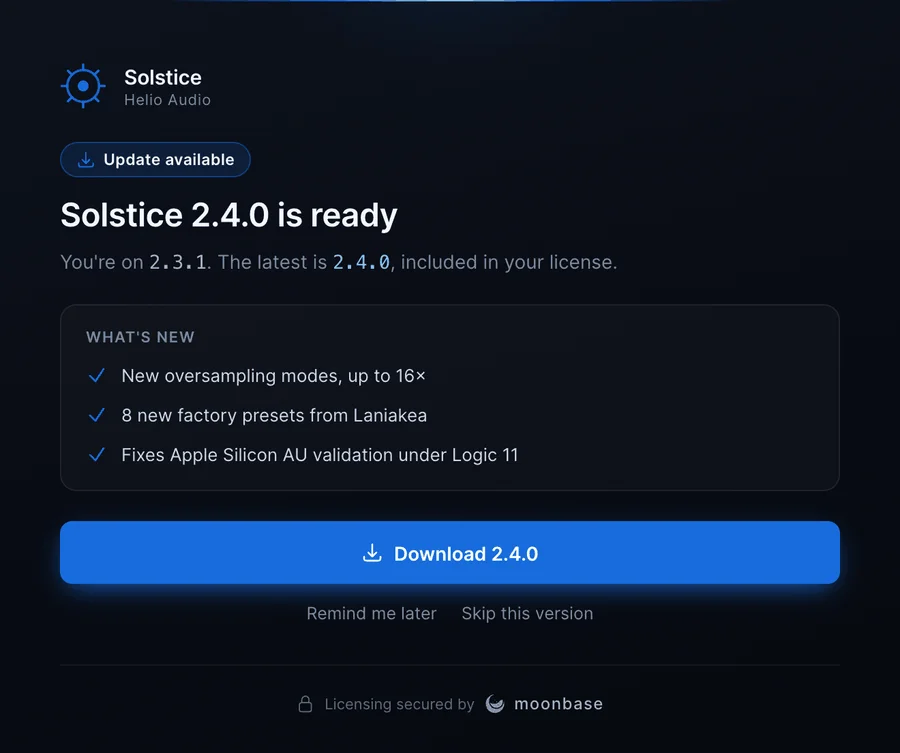 The update available screen: a "Solstice 2.4.0 is ready" heading, a "What's new" card, a Download button, and "Remind me later" and "Skip this version" links